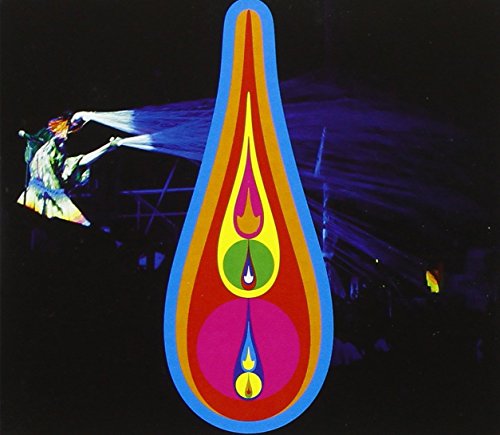 Colorful abstract teardrop shape with a figure spraying light.