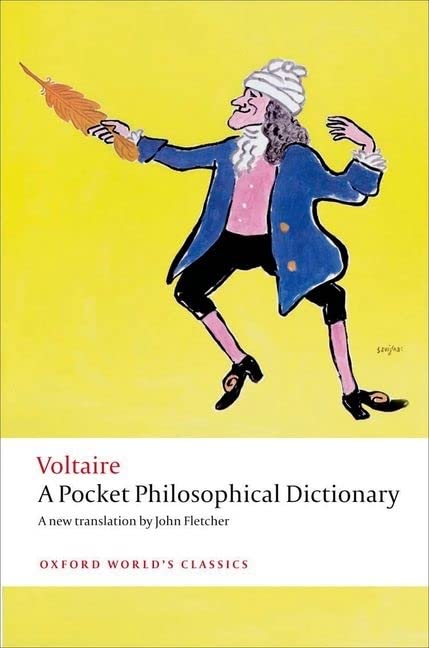 Book cover: "A Pocket Philosophical Dictionary" with illustration of Voltaire.