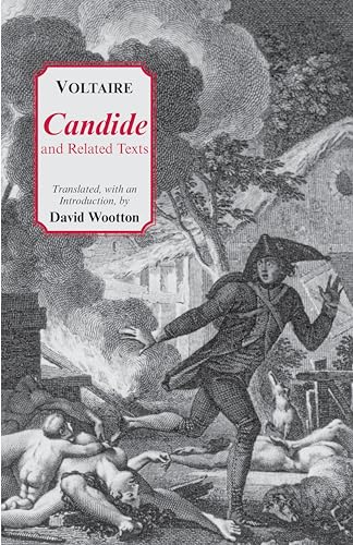 Book cover of "Candide" depicting a chaotic scene with a fleeing figure.