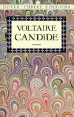Cover of “Candide” by Voltaire, Dover Thrift Edition, marbled paper.