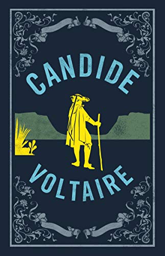 Book cover for Voltaire’s *Candide* with a figure walking in yellow.