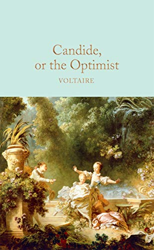 Book cover of “Candide” with a classical painting of figures in a garden.