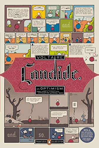 Cover of “Candide” graphic novel with comic panels and red title text.