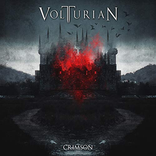 Dark castle silhouette with red glow, birds flying, album cover art.