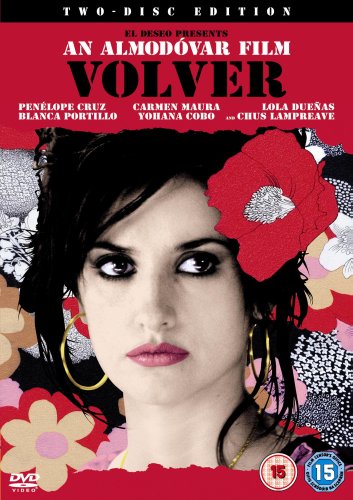 DVD cover for "Volver" featuring Penélope Cruz with floral background.