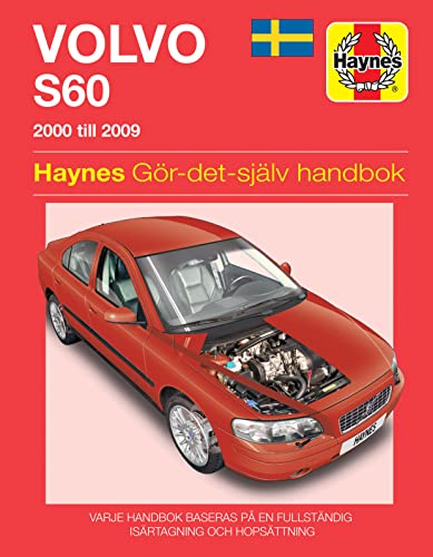 Red Volvo S60 car repair manual cover, engine detail shown.