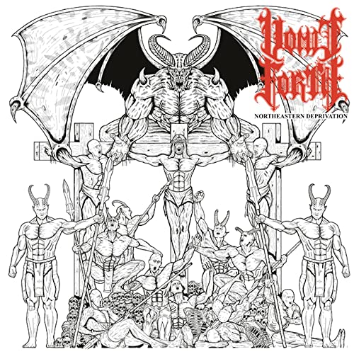 Black and white album cover depicting demonic figures and a crucifixion scene.