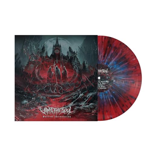 Vinyl record with gothic castle artwork and red/blue swirl pattern.