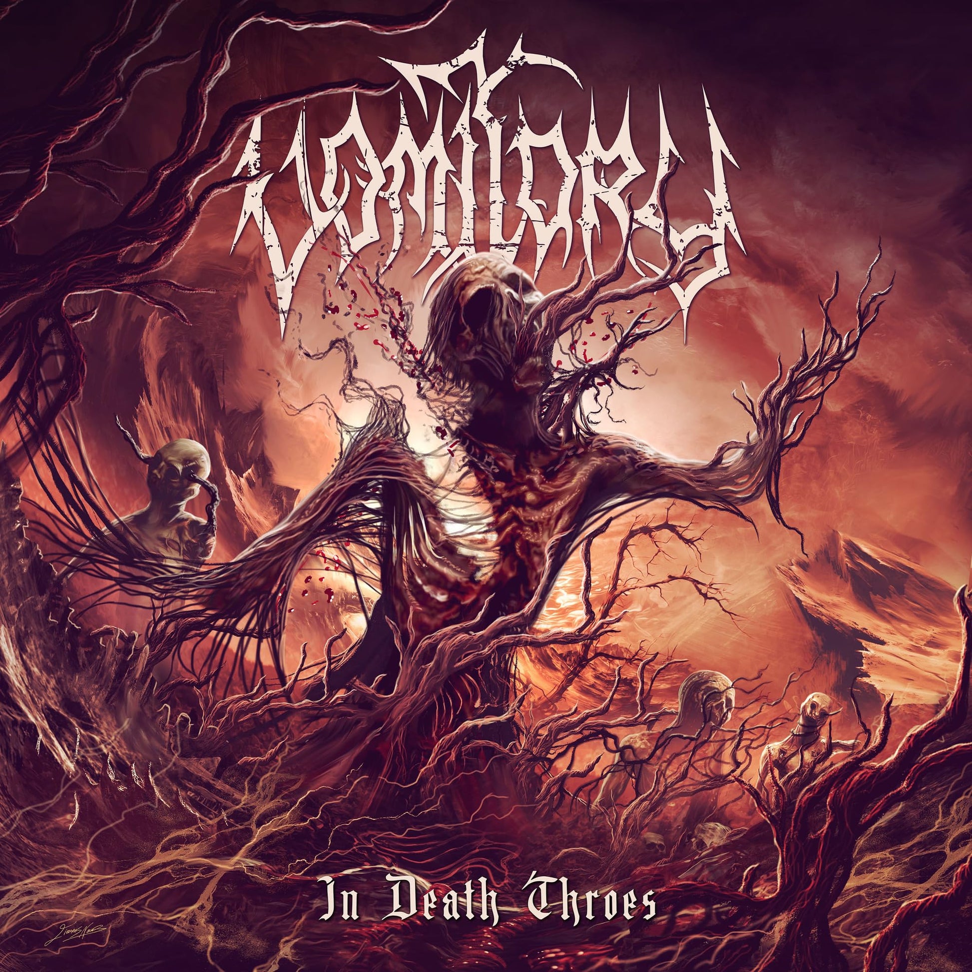 A decaying, tree-like figure stands in a red, hellish landscape with skeletal creatures.