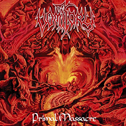 Album cover art with red, hellish scene and white text, featuring "Vomitory" and "Primal Massacre".