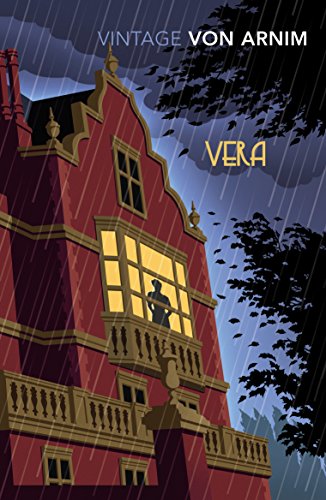 A red house stands in the rain with a silhouetted figure in a lit window.