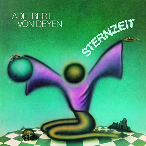 "Vinyl album cover with surreal illustration, green background, and abstract figure."