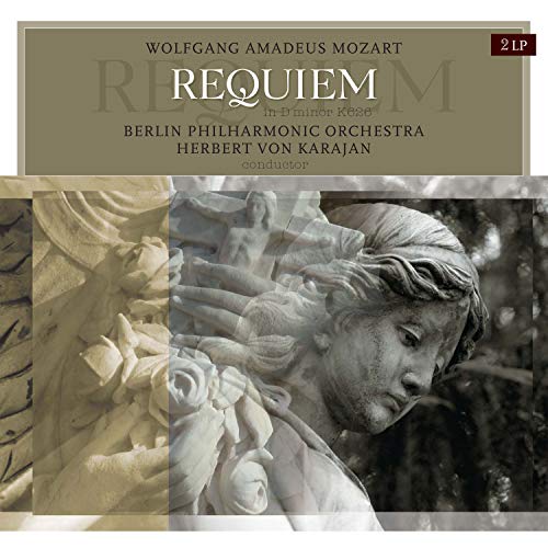 Vinyl cover featuring a stone angel statue and text for Mozart's Requiem by Karajan.