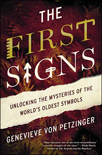 Book cover: "The First Signs" with ancient symbols and textured background.
