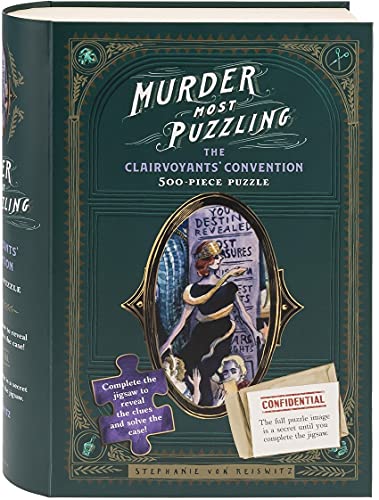 Box for The Clairvoyants' Convention 500-piece puzzle featuring a dark green, vintage-style design.
