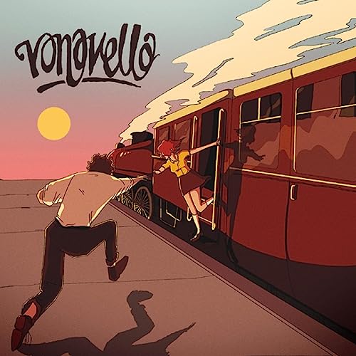 CD cover: illustrated train with figures running alongside, sunset background.