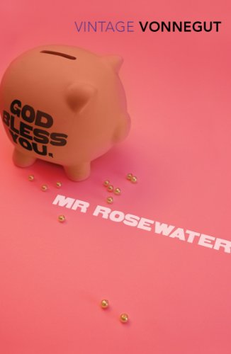 Pink piggy bank with book title "God Bless You, Mr. Rosewater" visible.