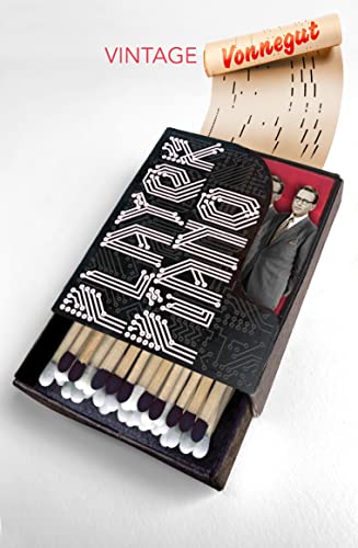 Book cover for "Player Piano" designed as a matchbox with figures.