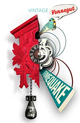 Book cover: red clock with bird, gears, and "Timequake" title.