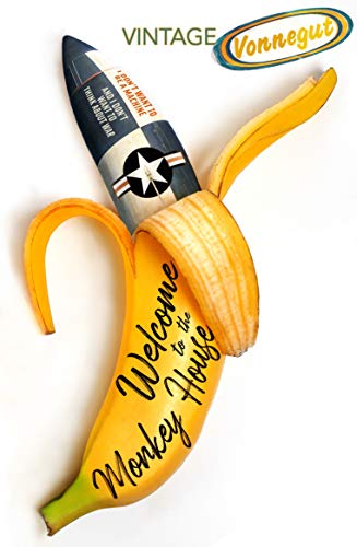 A partially peeled banana with a fighter jet nose cone and book title text.