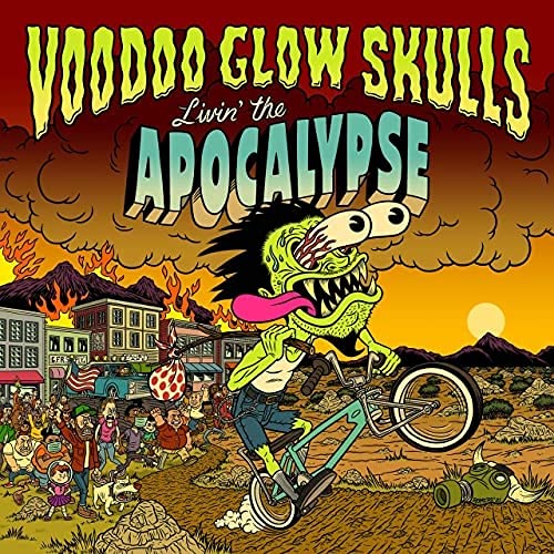 CD cover: cartoon monster on a bicycle, apocalyptic cityscape background.