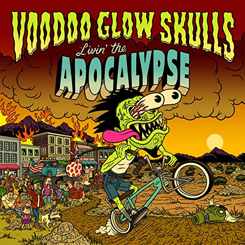 Cartoon album cover depicts a monster on a bicycle amid chaos.