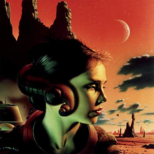 A futuristic woman with a helmet gazes into a red-orange, rocky, planetary landscape.