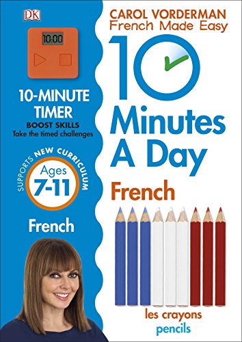 French language learning workbook for ages 7-11 with pencils illustration.
