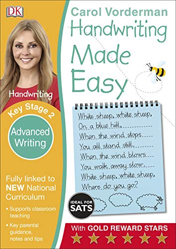 Handwriting practice book cover with woman, bee, and lined paper example.
