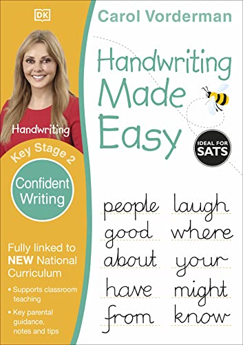 Handwriting practice book cover with author Carol Vorderman and cursive examples.