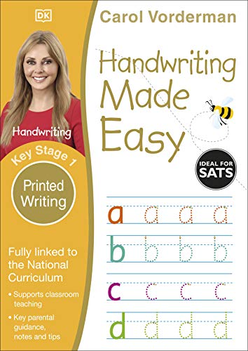 Handwriting practice book cover with Carol Vorderman and letter examples.