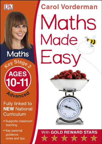 "Maths Made Easy" workbook cover featuring a woman, bee, bowl of strawberries, and scale.