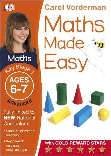 "Maths workbook cover featuring a girl, geometric shapes, and a bee on an orange background."