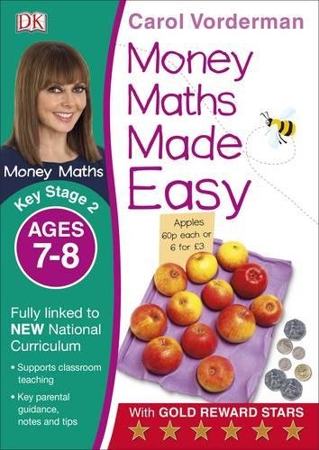 "Book cover with green and white sections, featuring apples, coins, and a young girl."