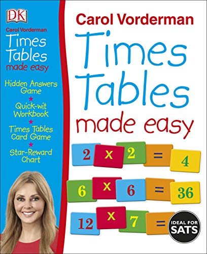 Cover of "Times Tables Made Easy" workbook with Carol Vorderman and multiplication examples.