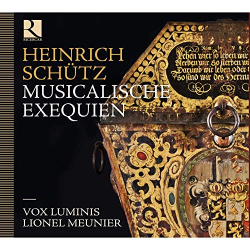 CD cover for Schütz’s *Musicalische Exequien* by Vox Luminis, ornate casket detail.