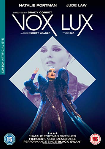 The image is a DVD cover for "Vox Lux" featuring a woman in a dark dress. The alt text is: "DVD cover with Natalie Portman in a dark feathered dress."