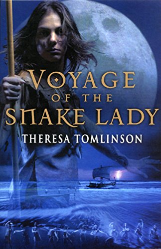 Book cover: woman with long hair, moon, ship, and text “Voyage of the Snake Lady.”