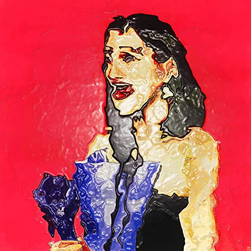 Stylized digital painting of a woman with dark hair against a bright red background.