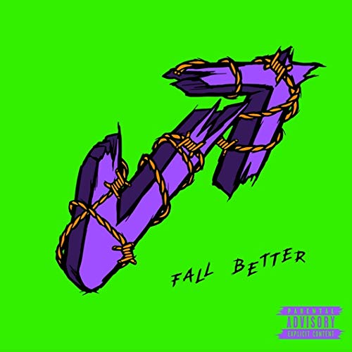 A purple, shattered "V2" bound with rope on a green background.
