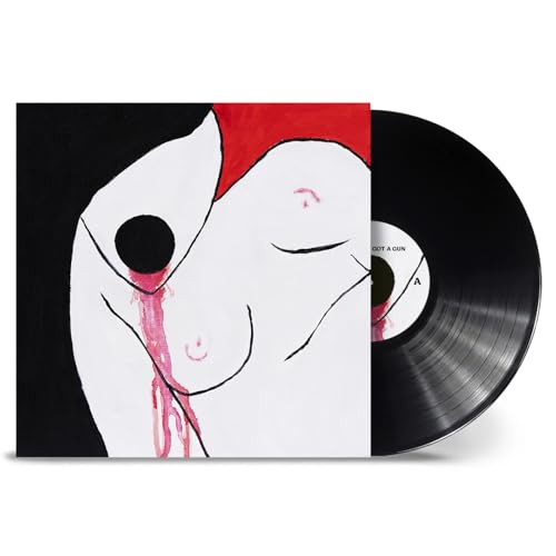 Black vinyl record next to album art of a white face with red streaks.