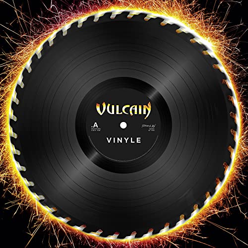 Black vinyl record with a circular saw blade design and sparks.