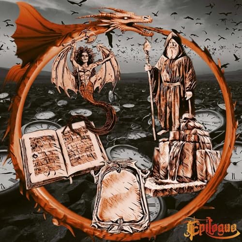 CD cover: dragon, wizard, woman, clocks, and an open book illustration.
