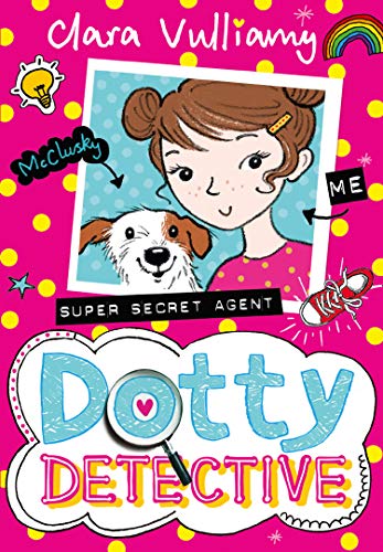 Book cover featuring a girl, a dog, and detective-themed illustrations.