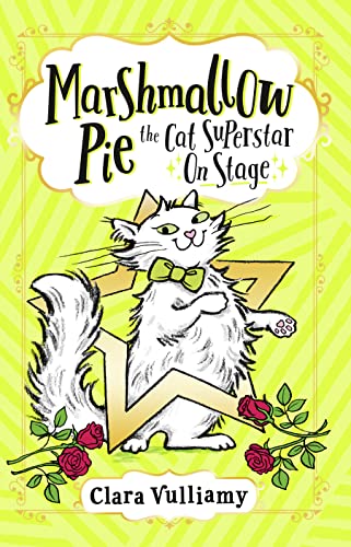 White cat with bow tie on a stage, book cover illustration.