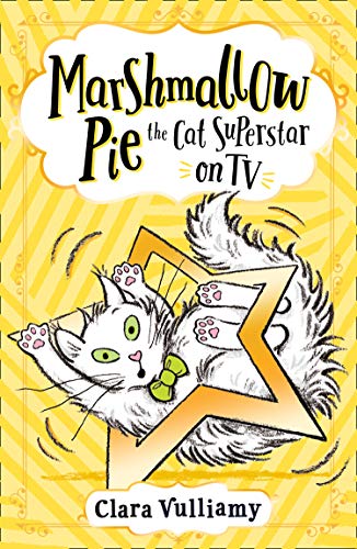 Book cover: white cat with a green bow on a yellow starburst.