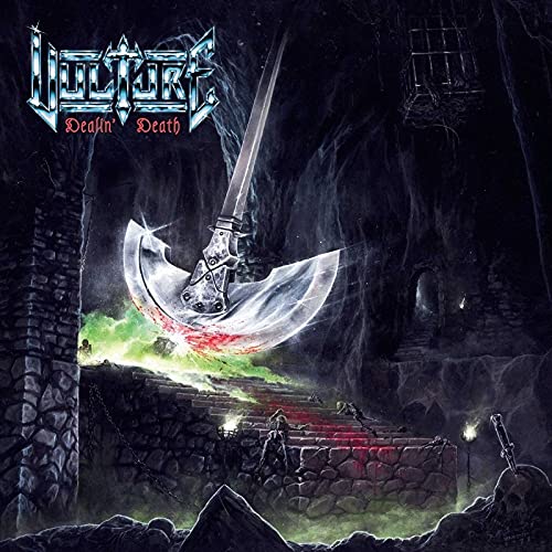 Album cover for Vulture’s “Dealin’ Death” featuring a large, bloody scythe.