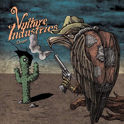 Vulture Industries album cover: anthropomorphic vulture with gun and cactus.