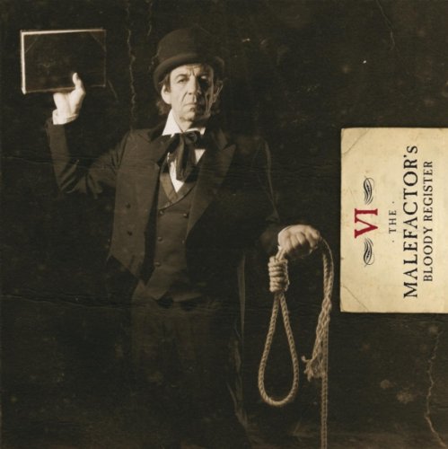 Man in Victorian attire holds a book and rope, sepia tone.