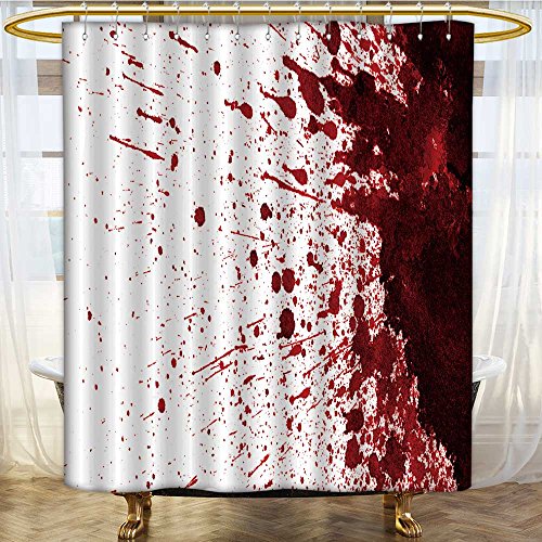 Shower curtain with a splattered red and white, blood-like design.